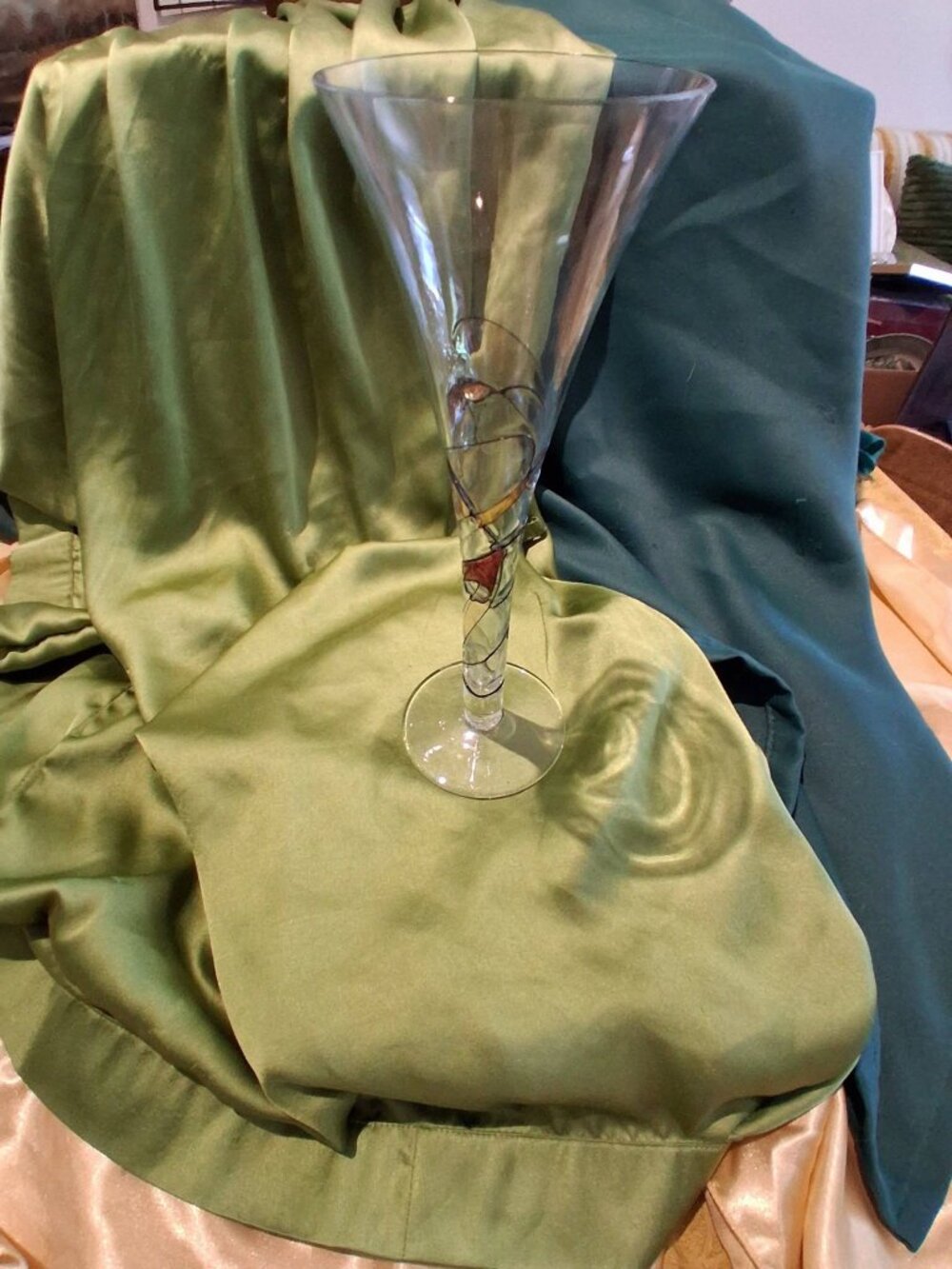 Art Glass Stem Vase or Tall Trumpet Flute with Wire & Enamel Swirl Accent